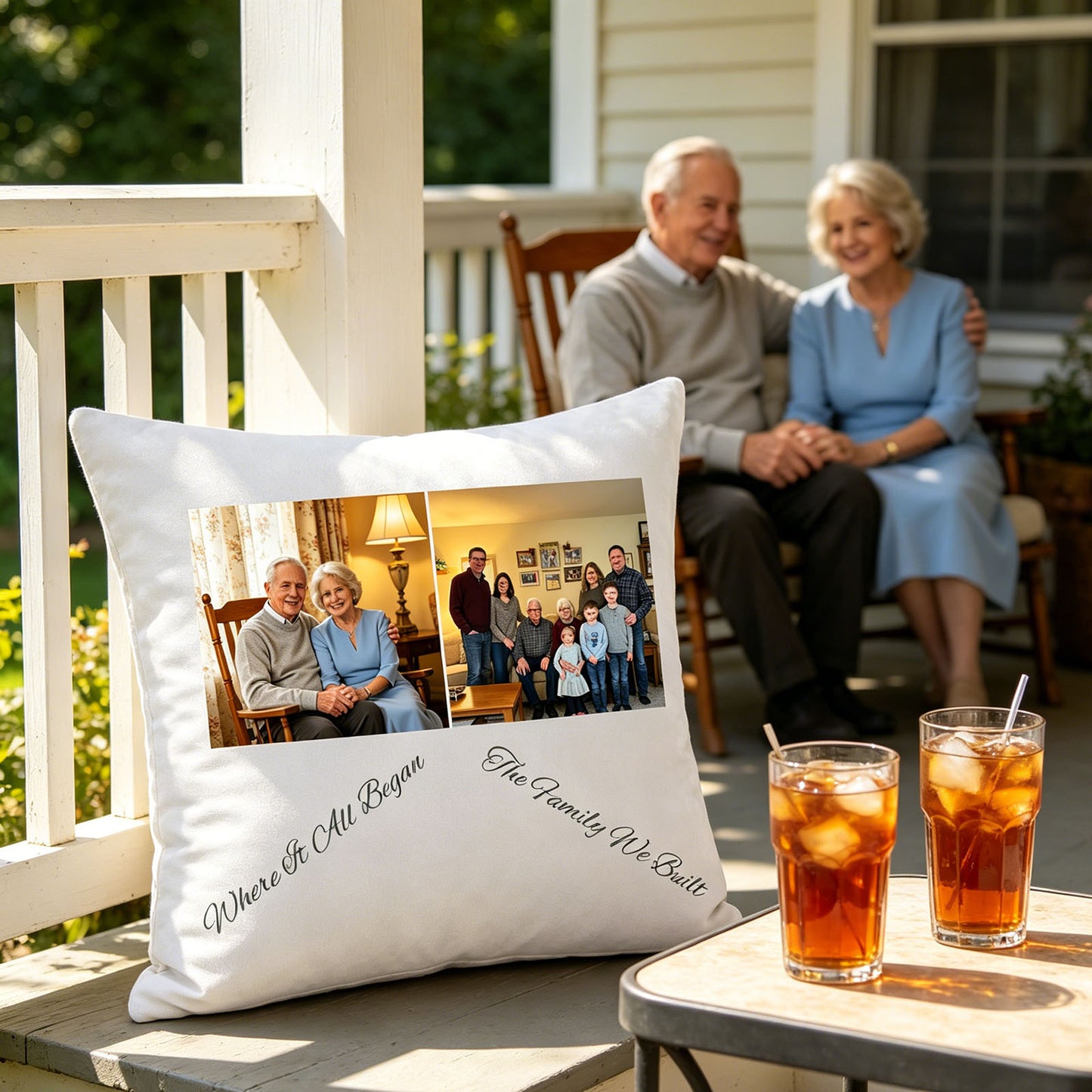 Custom grandparents and family keepsake pillow resting on a wooden back porch table, with glasses of iced tea and grandparents sitting in rocking chairs in the background. A warm, summery scene showing the pillow as a reminder of family love and memories made together.