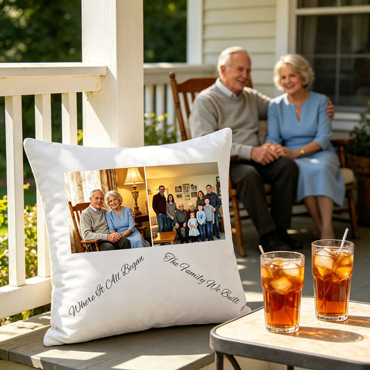 Custom grandparents and family keepsake pillow resting on a wooden back porch table, with glasses of iced tea and grandparents sitting in rocking chairs in the background. A warm, summery scene showing the pillow as a reminder of family love and memories made together.