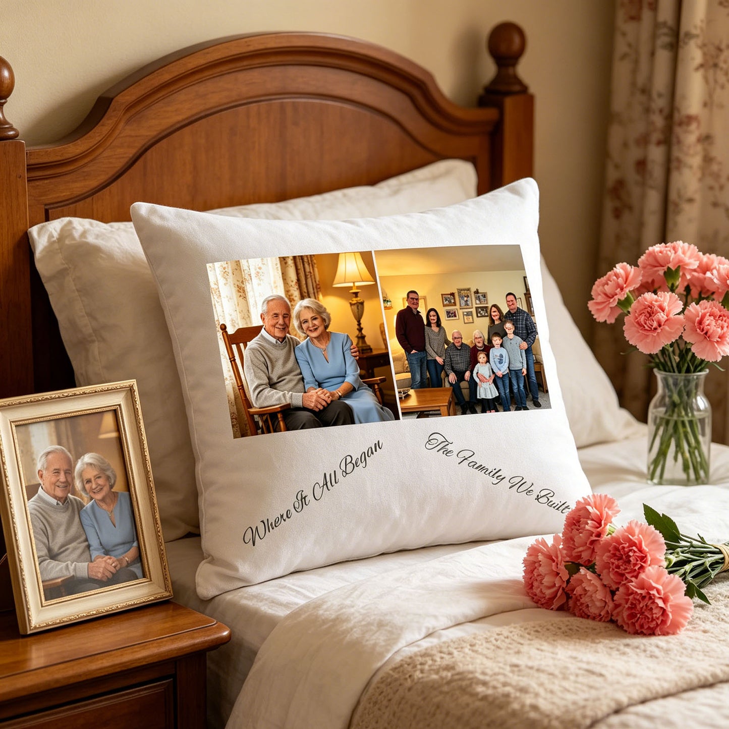 Custom grandparents and family keepsake pillow placed on a sunlit master bedroom bed, with a framed photo of the couple and pink carnations on the nightstand. A tender, intimate touch honoring the grandparents’ love story and family legacy.