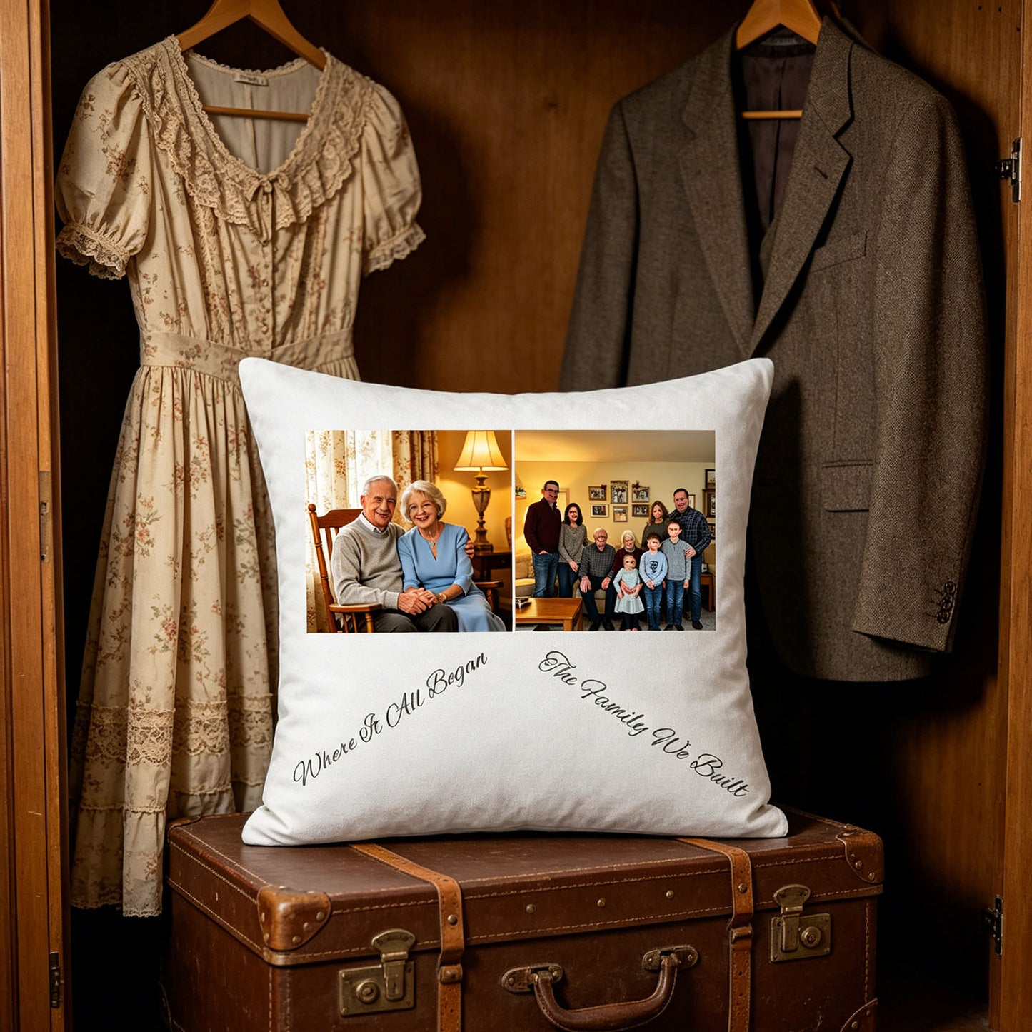 Custom grandparents and family keepsake pillow placed on a vintage suitcase in a wooden closet, with the grandmother’s floral dress and grandfather’s tweed suit hanging in the background. A nostalgic, timeless scene celebrating the grandparents’ journey and family history.