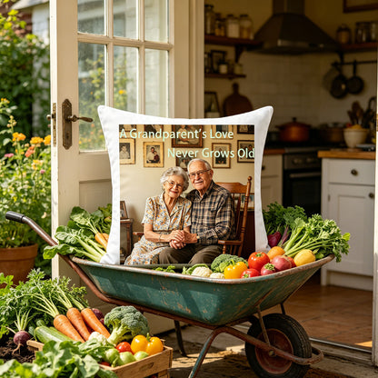 Custom grandparents keepsake pillow resting in a vintage garden wheelbarrow with fresh homegrown vegetables, by a cozy kitchen door. A warm nod to grandparents’ love of gardening and family life.