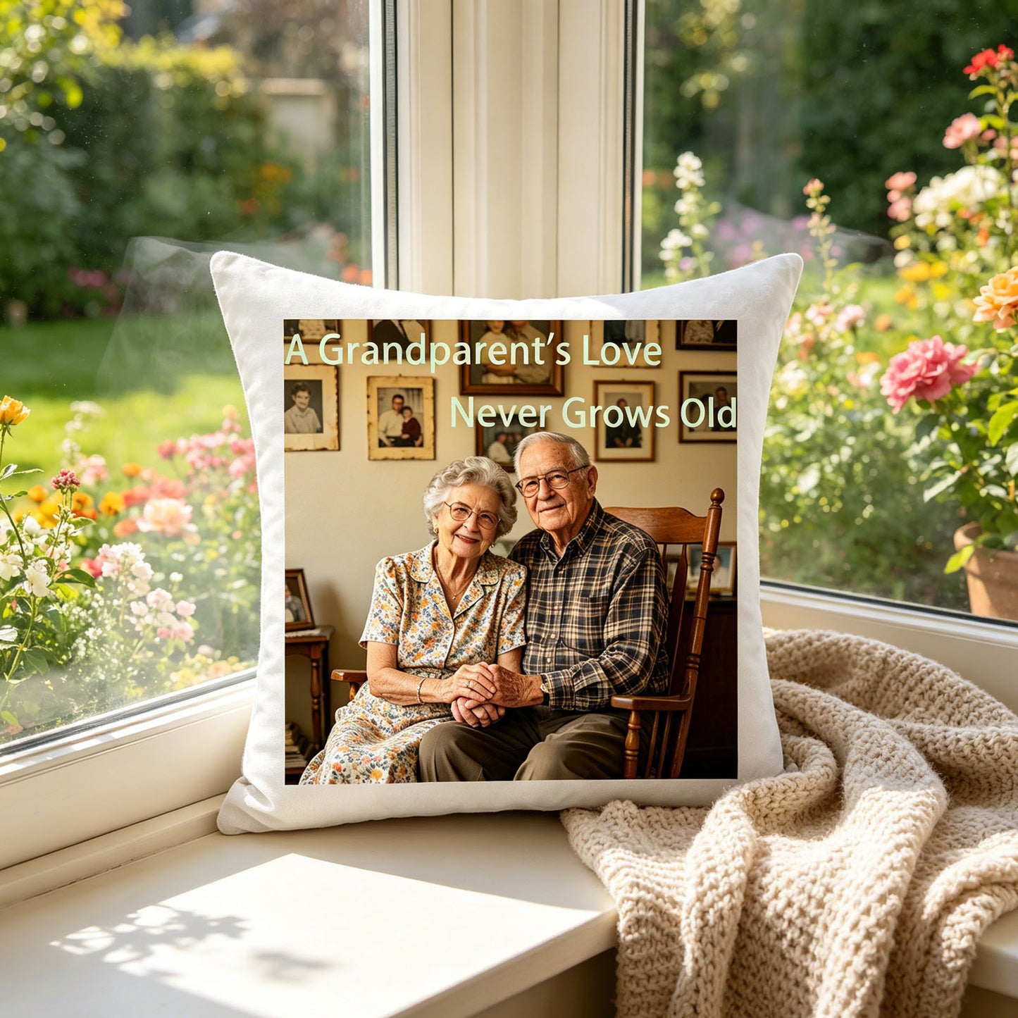 Custom grandparents keepsake pillow resting on a sunlit windowsill, with a blooming garden view in the background. A peaceful, nostalgic decor piece for any home.