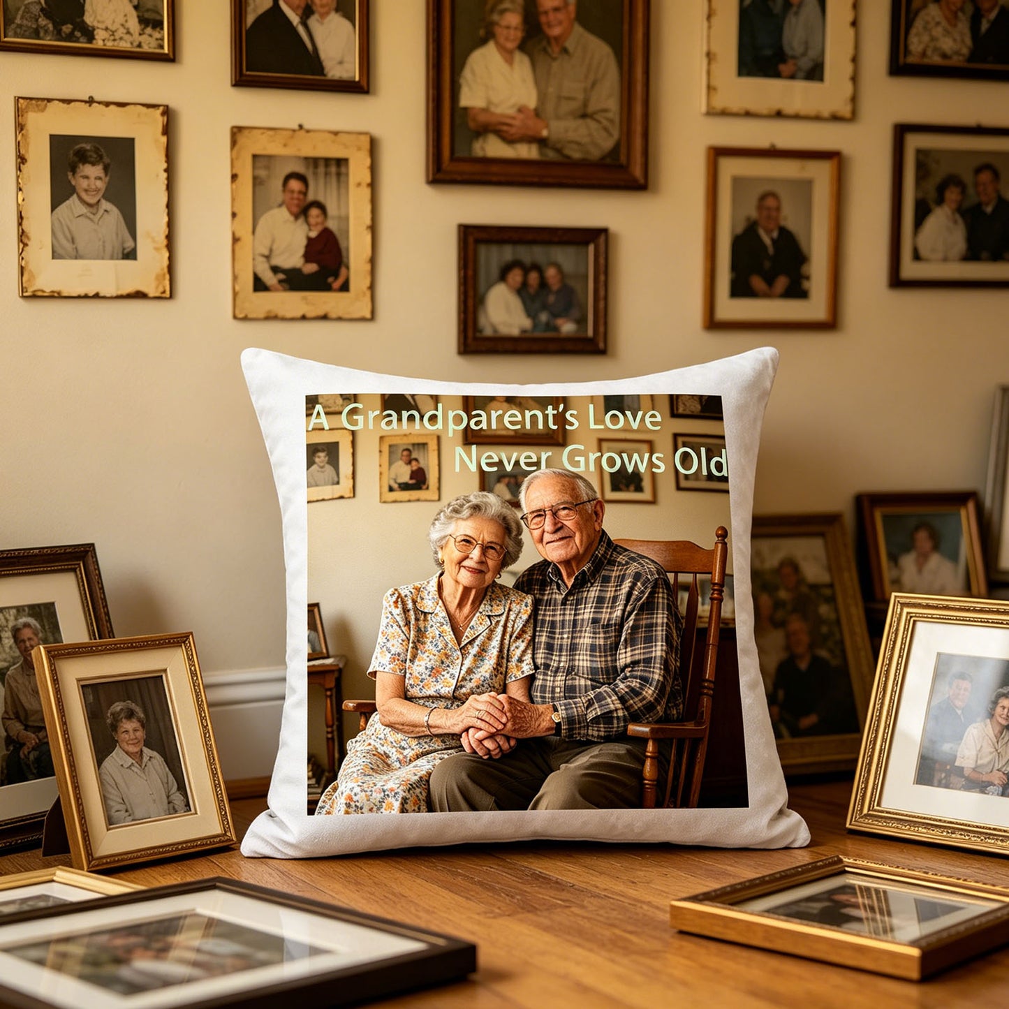 Custom grandparents photo pillow displayed on a wooden floor, surrounded by framed family photos. Blends seamlessly with a family memory wall, making it a warm addition to any home.
