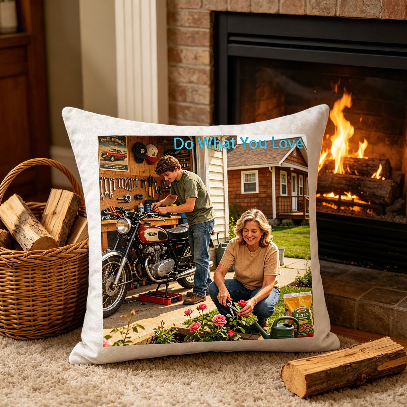 Custom hobby keepsake pillow resting on a plush rug in front of a lit fireplace, with a basket of firewood nearby. A warm, cozy scene showing the pillow as a celebration of personal interests in a relaxed home setting.