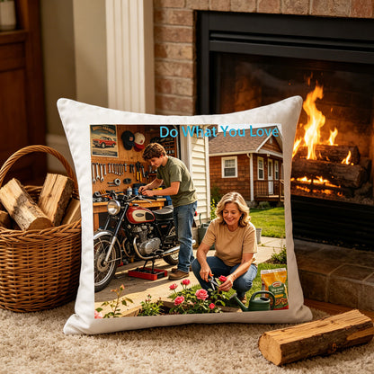 Custom hobby keepsake pillow resting on a plush rug in front of a lit fireplace, with a basket of firewood nearby. A warm, cozy scene showing the pillow as a celebration of personal interests in a relaxed home setting.