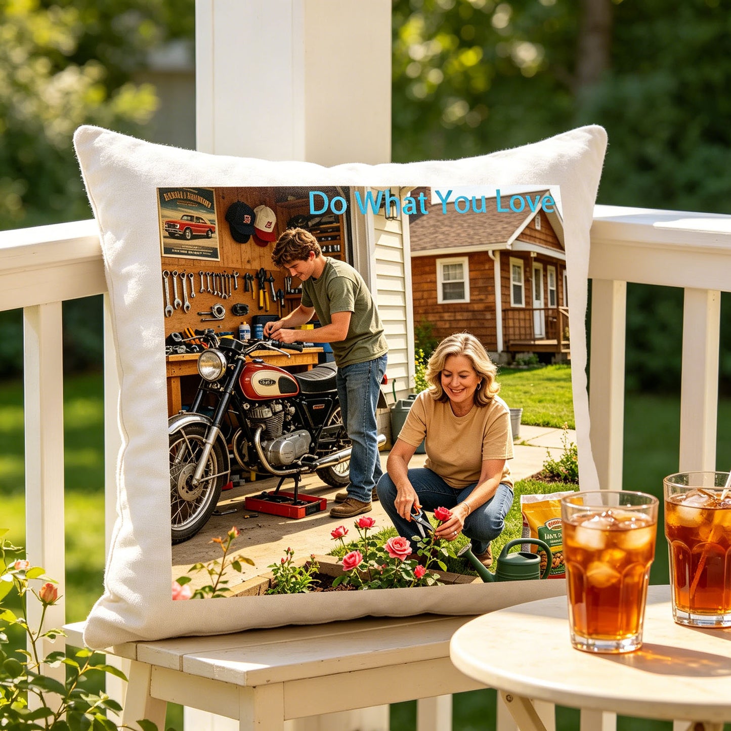 Custom hobby keepsake pillow resting on a wooden porch in the sun, next to a small table with iced tea glasses. A cheerful, relaxed touch perfect for casual moments and celebrating outdoor hobbies.