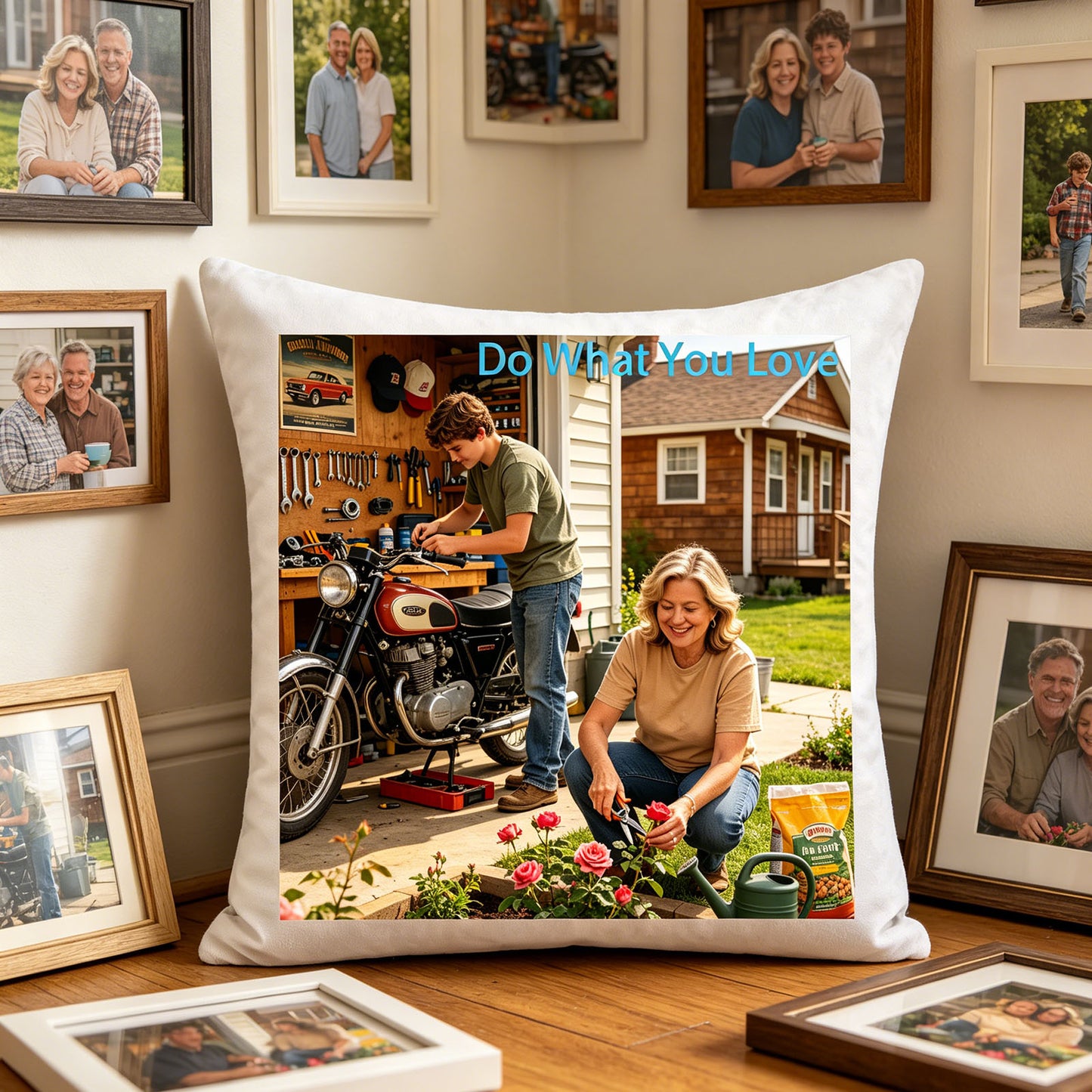 Custom hobby keepsake pillow resting on a wooden floor, surrounded by framed family photos. A sentimental, personal touch showing the pillow as part of a collection of cherished memories and passions.