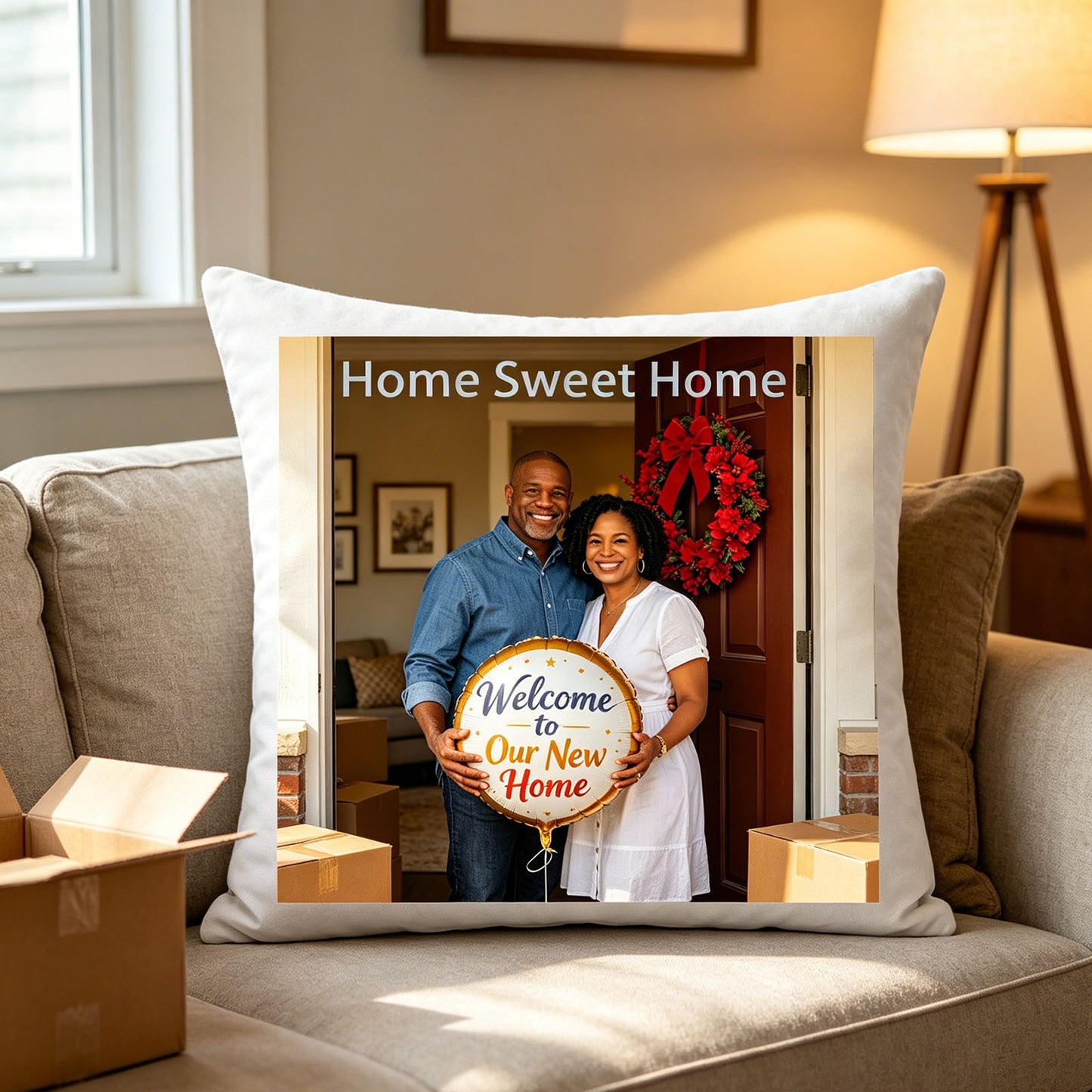 Custom new home keepsake pillow resting on a cozy beige living room sofa, surrounded by moving boxes. A warm reminder of the couple’s exciting new chapter, ideal for newlywed or new home decor.