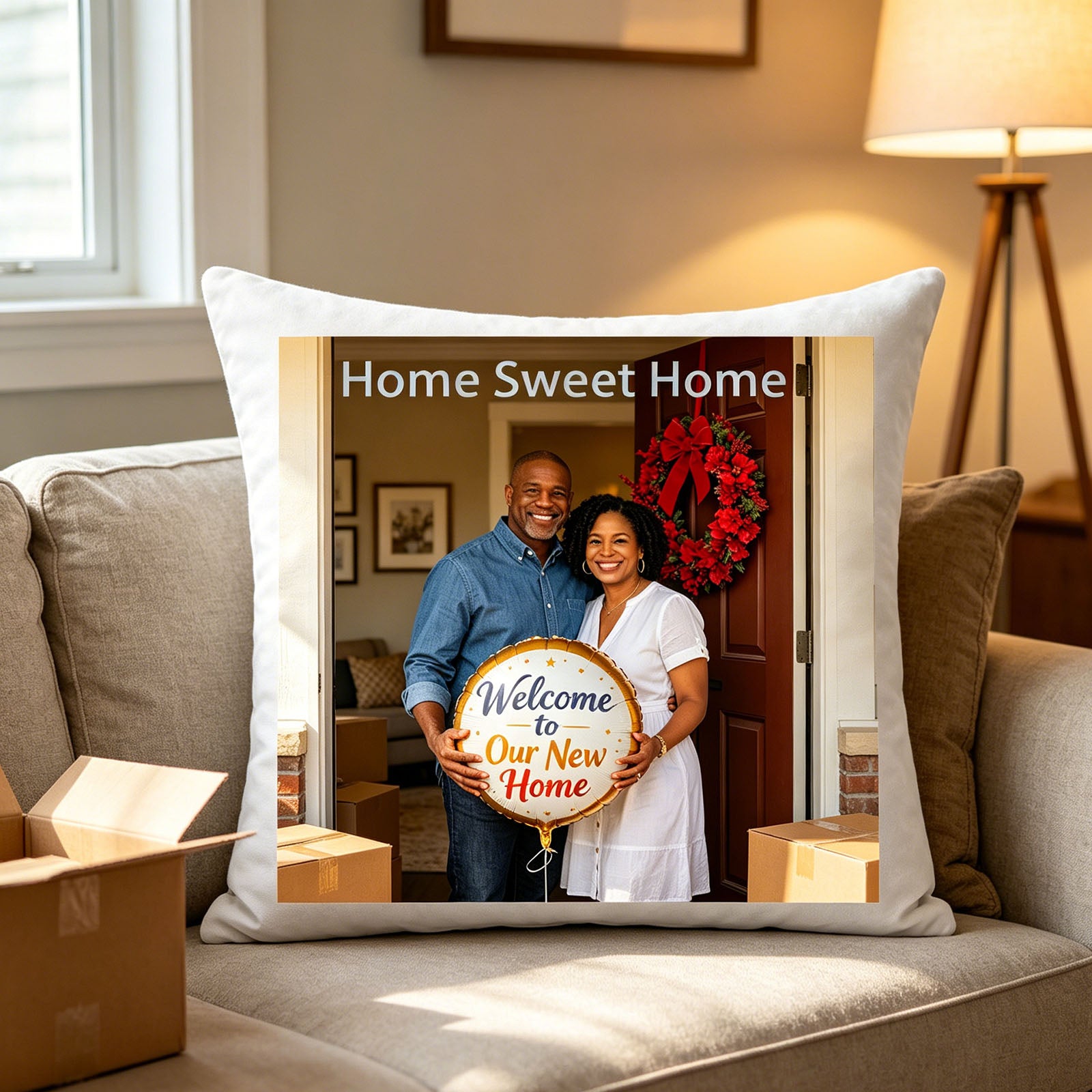 Custom new home keepsake pillow resting on a cozy beige living room sofa, surrounded by moving boxes. A warm reminder of the couple’s exciting new chapter, ideal for newlywed or new home decor.