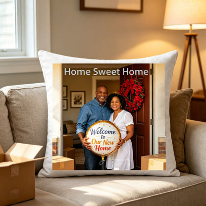 Custom new home keepsake pillow resting on a cozy beige living room sofa, surrounded by moving boxes. A warm reminder of the couple’s exciting new chapter, ideal for newlywed or new home decor.