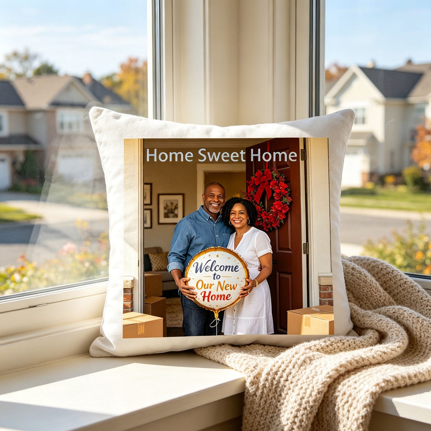 Custom new home keepsake pillow resting on a windowsill overlooking a quiet suburban neighborhood. A peaceful, nostalgic decor piece that celebrates the joy of moving into a new home.