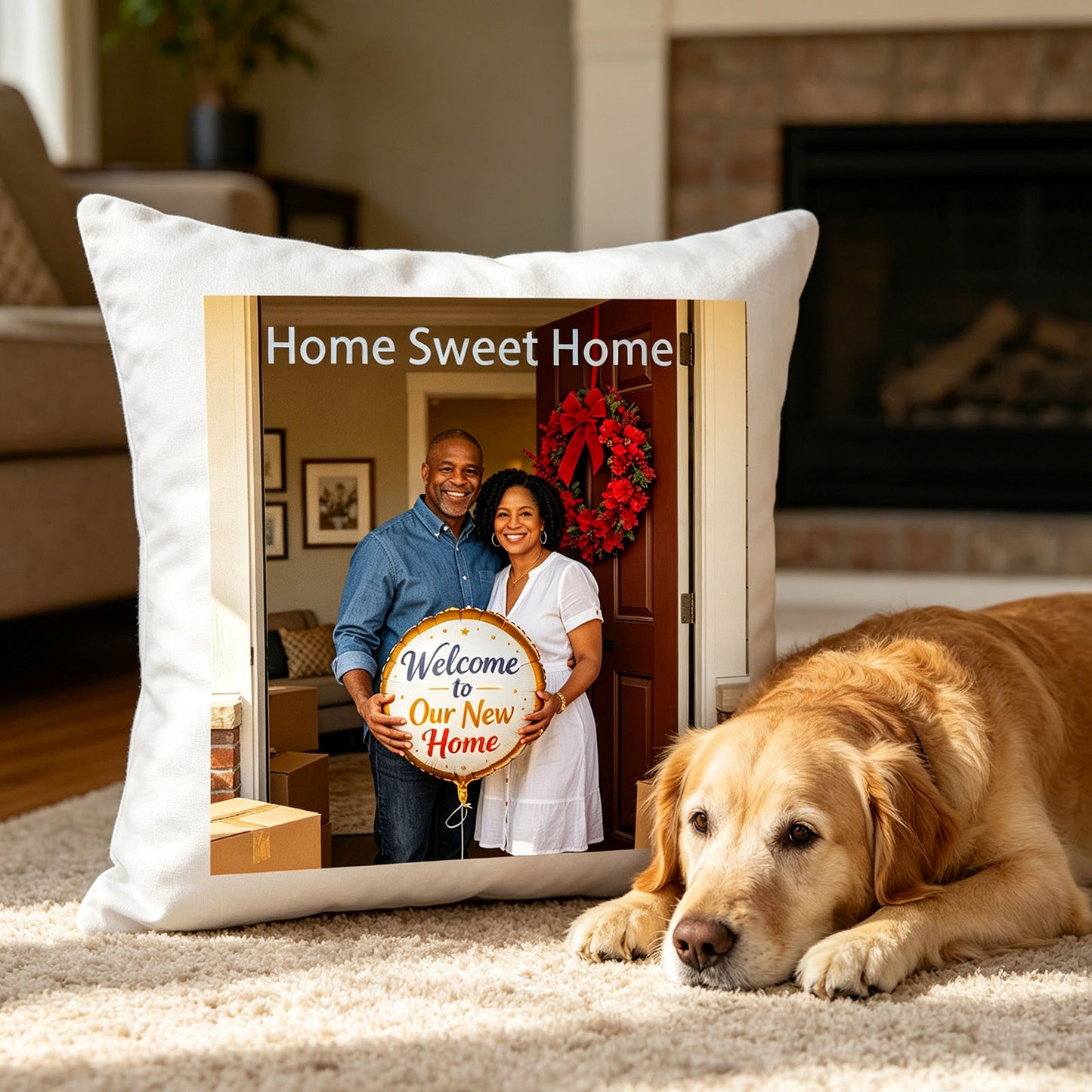 Custom new home keepsake pillow on a soft living room rug, with a golden retriever lying nearby. A warm, everyday scene showing the pillow as part of the family’s new life together.