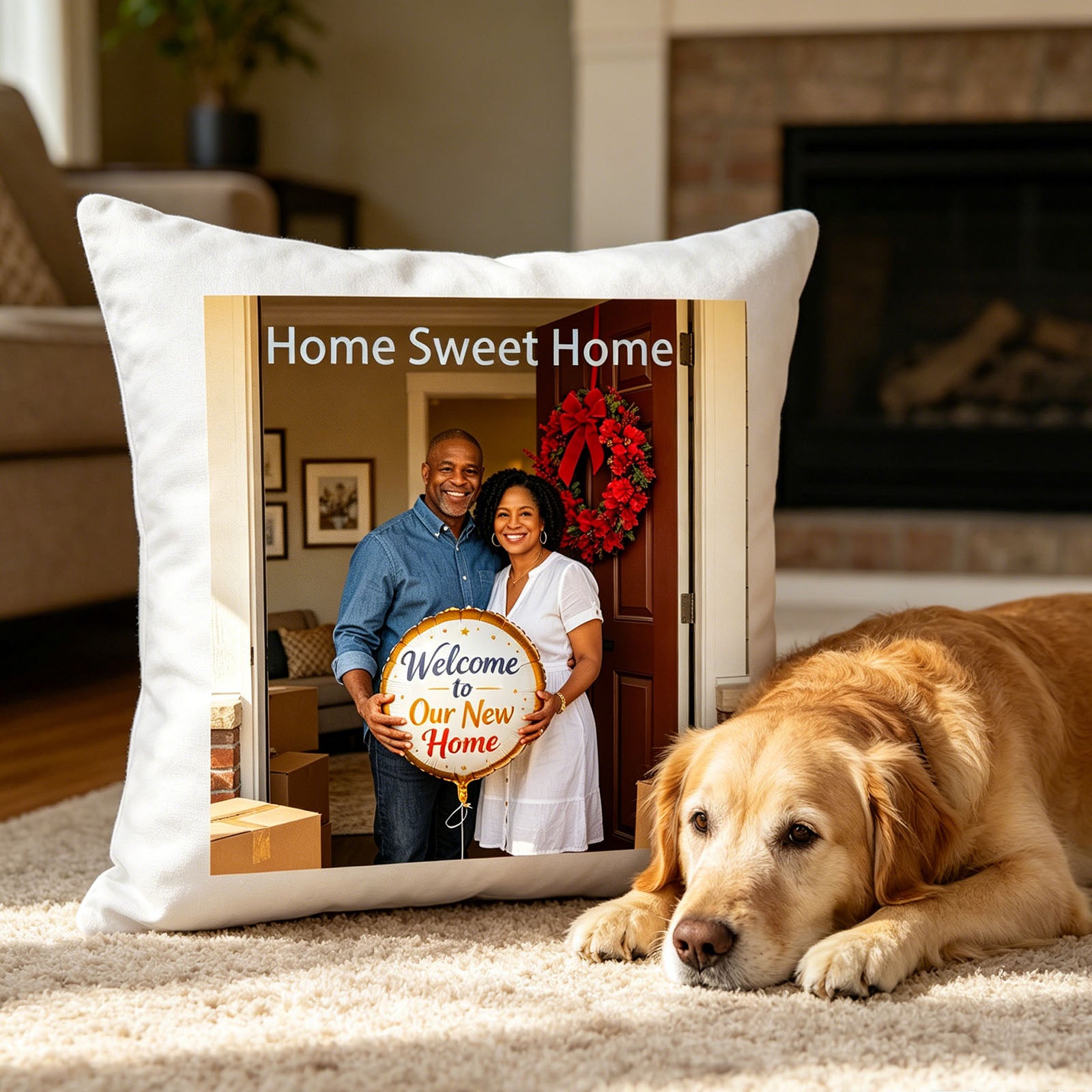 Custom new home keepsake pillow on a soft living room rug, with a golden retriever lying nearby. A warm, everyday scene showing the pillow as part of the family’s new life together.