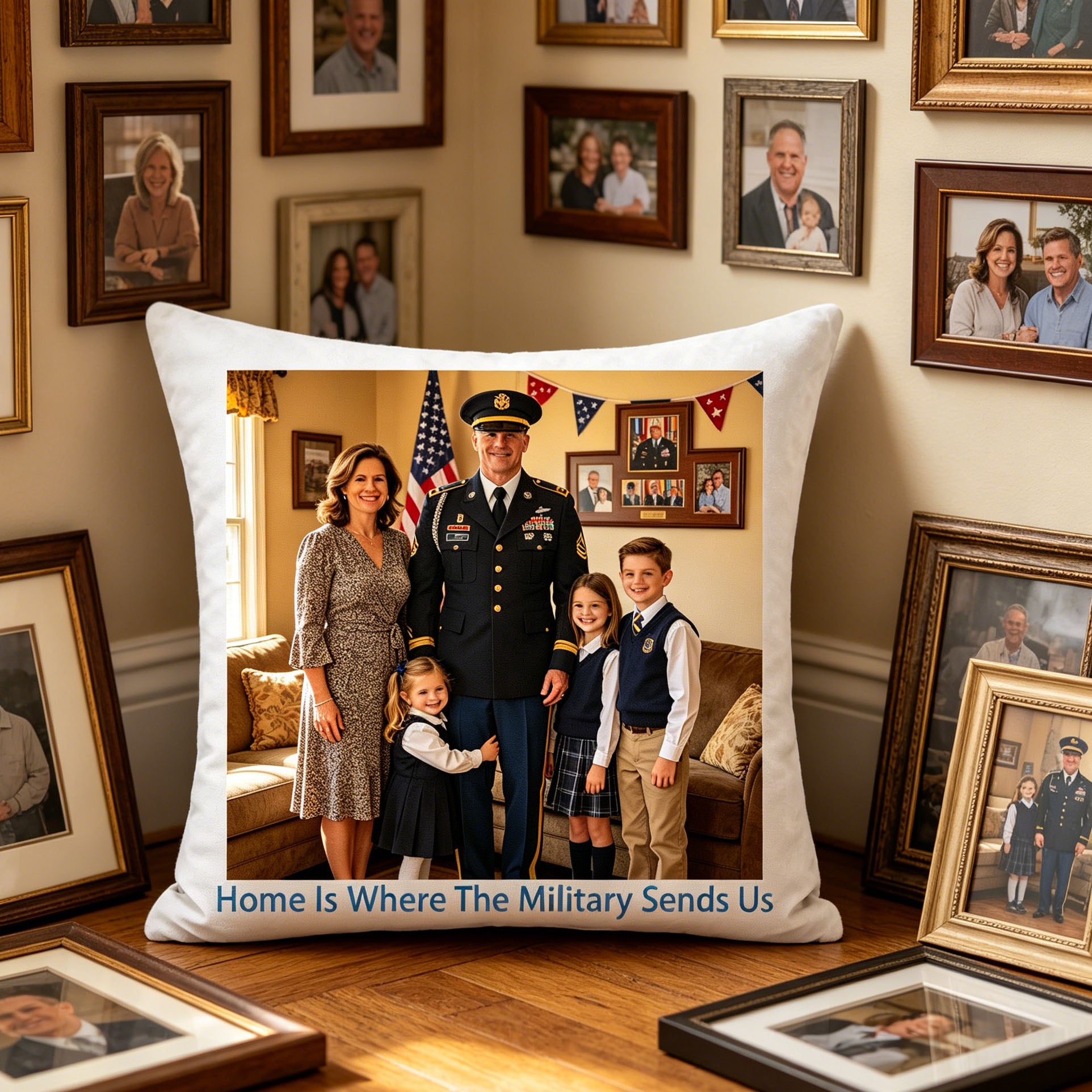 Custom military family keepsake pillow displayed on a wooden floor, surrounded by framed military and family photos. Blends seamlessly with a service member’s memory wall, honoring their family’s service journey.