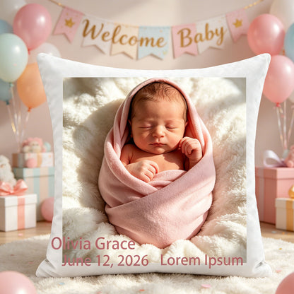 Custom baby photo pillow displayed at a Welcome Baby party with pink and blue balloons. A beautiful, heartfelt gift for baby showers, gender reveals, or newborn celebrations.