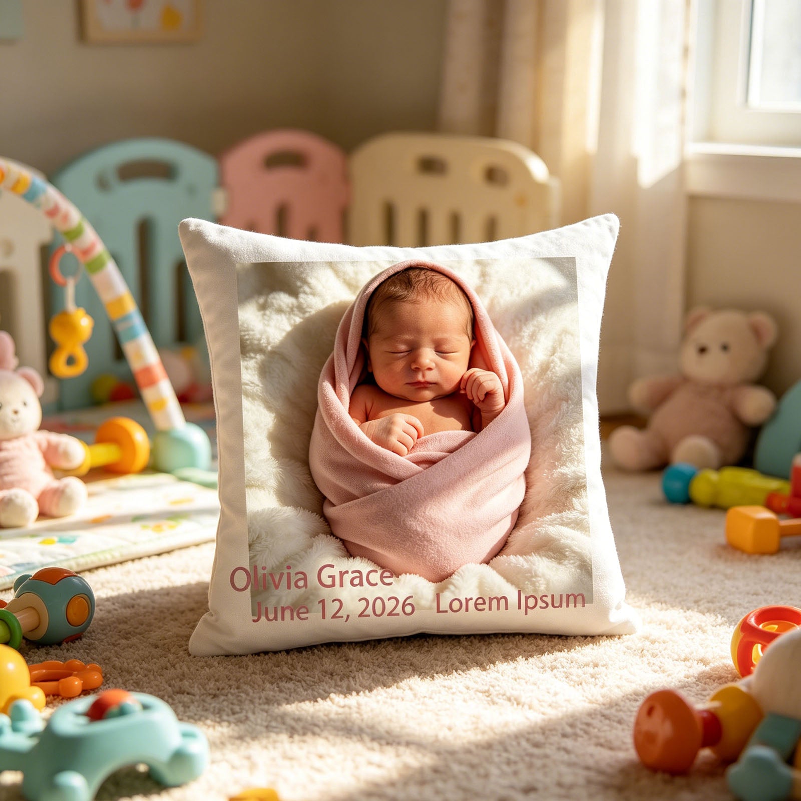 Custom baby photo pillow placed in a bright nursery playroom, surrounded by baby toys and a play gym. Adds warmth and personalization to a newborn’s space, ideal for gender-neutral or pink-themed decor.