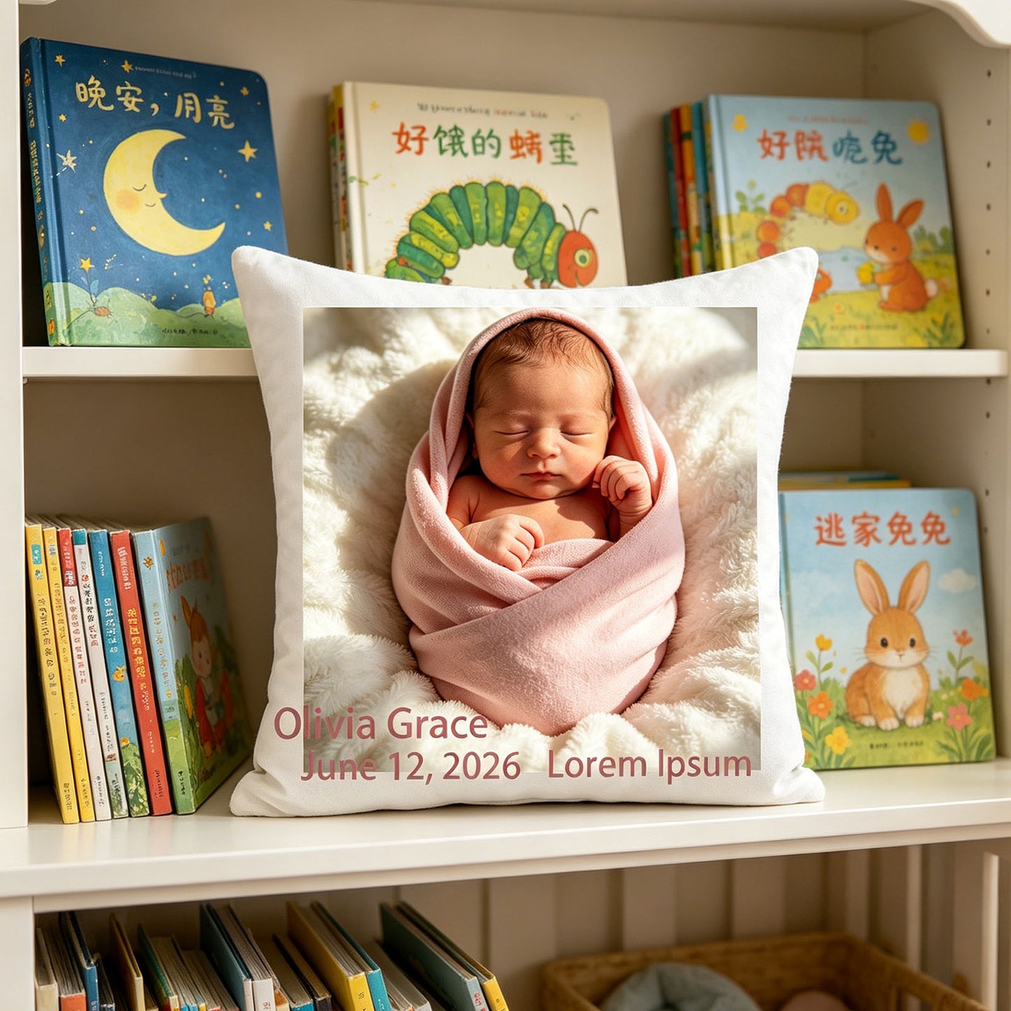 Custom baby photo pillow displayed on a nursery bookshelf, surrounded by classic children’s books. A charming addition to a baby’s reading nook and a sweet decor piece for new parents.