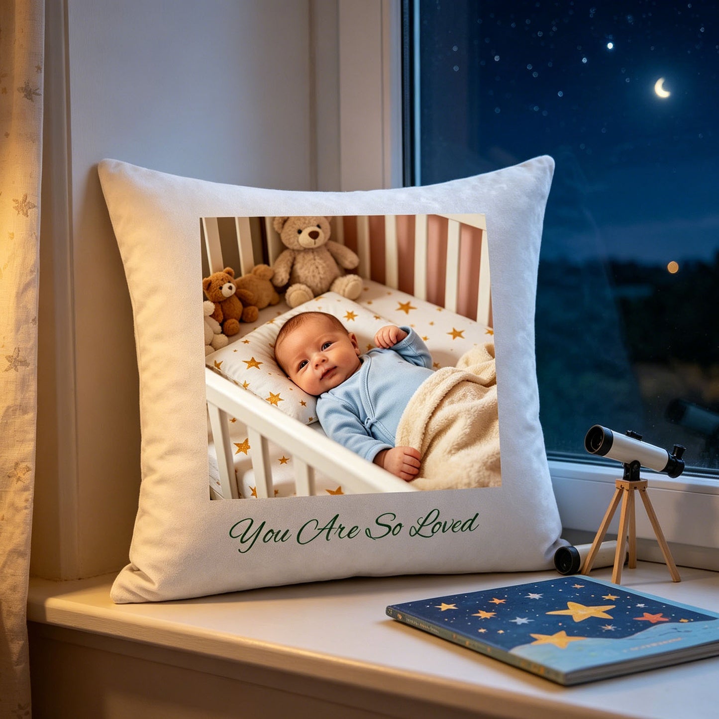Custom newborn keepsake pillow resting on a nursery windowsill at night, with a star-themed children’s book and toy telescope nearby. A magical, dreamy scene showing the pillow as a comforting presence in a baby’s starry night nursery.