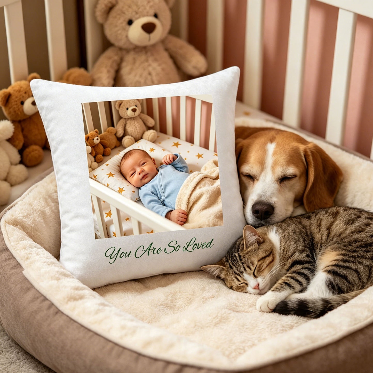 Custom newborn keepsake pillow resting on a fluffy pet bed, next to a sleeping dog and cat. A tender, heartwarming scene showing the pillow as a symbol of the new baby’s place in the whole family, including furry siblings