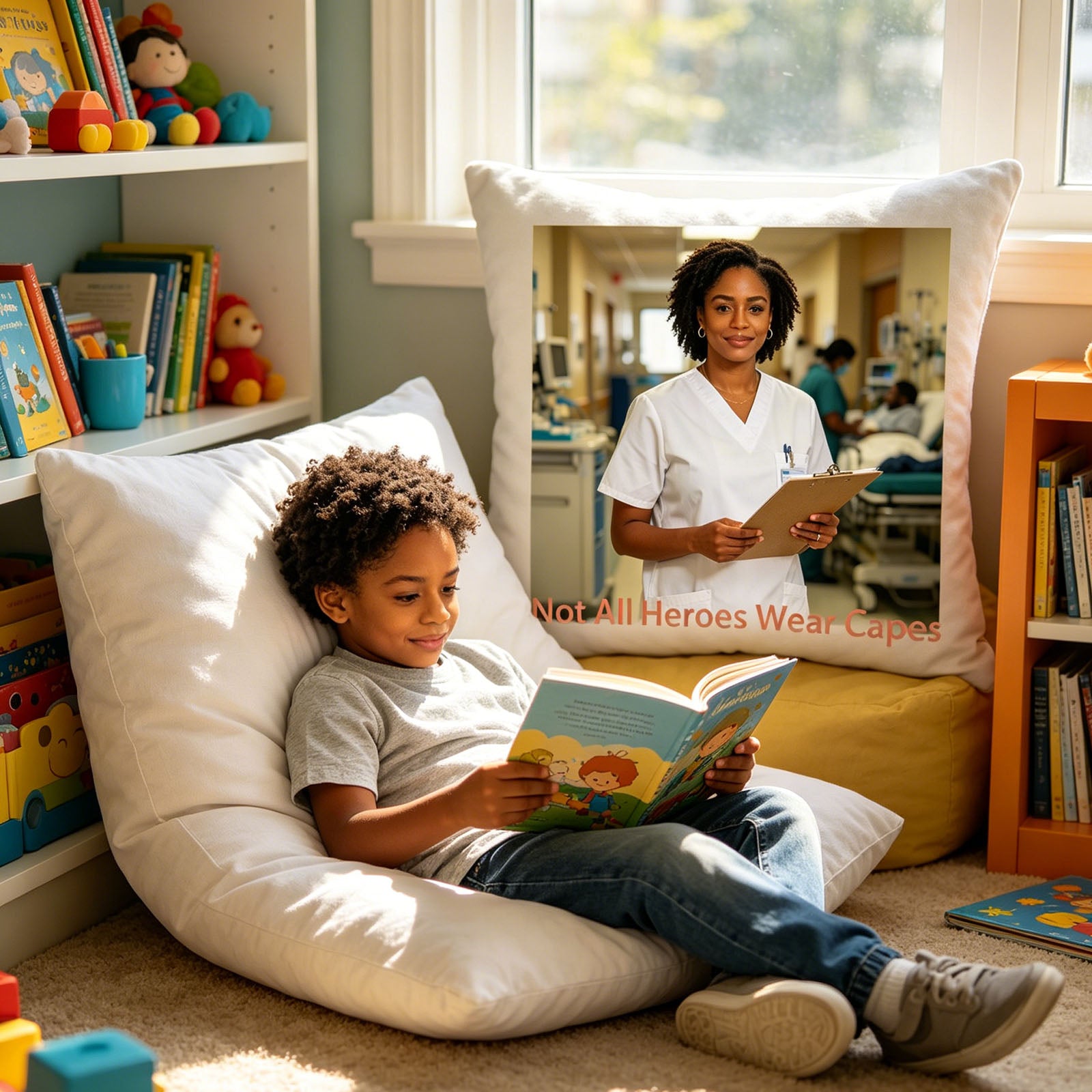 Custom healthcare worker keepsake pillow in a cozy child’s bedroom, as a kid reads a book on a bean bag nearby. A warm, heartwarming scene showing the pillow as a reminder of a parent or loved one’s heroic work.