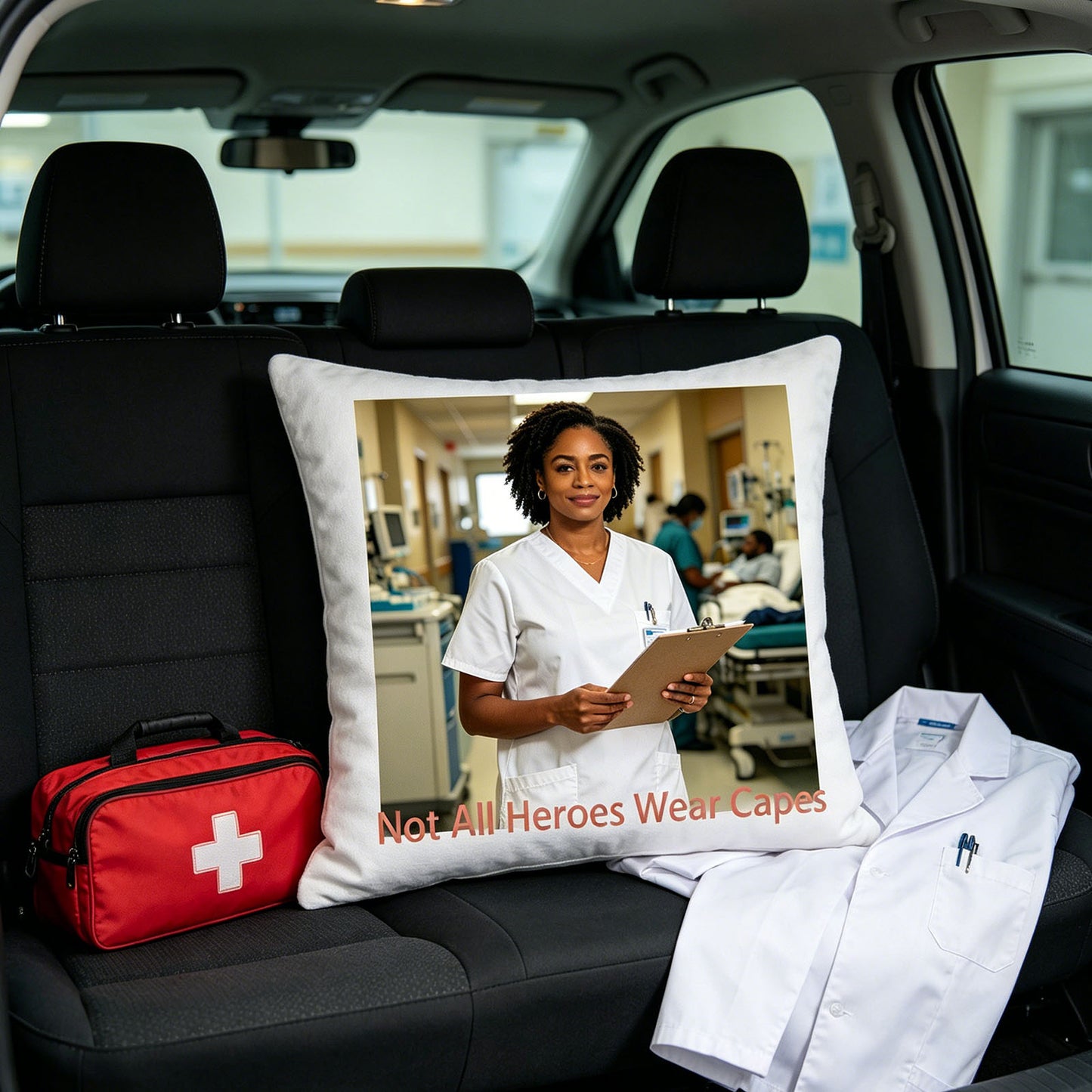 Custom healthcare worker keepsake pillow resting on a car backseat, next to a first-aid kit and white lab coat. A practical, everyday scene showing the pillow as a comforting companion during commutes to work.