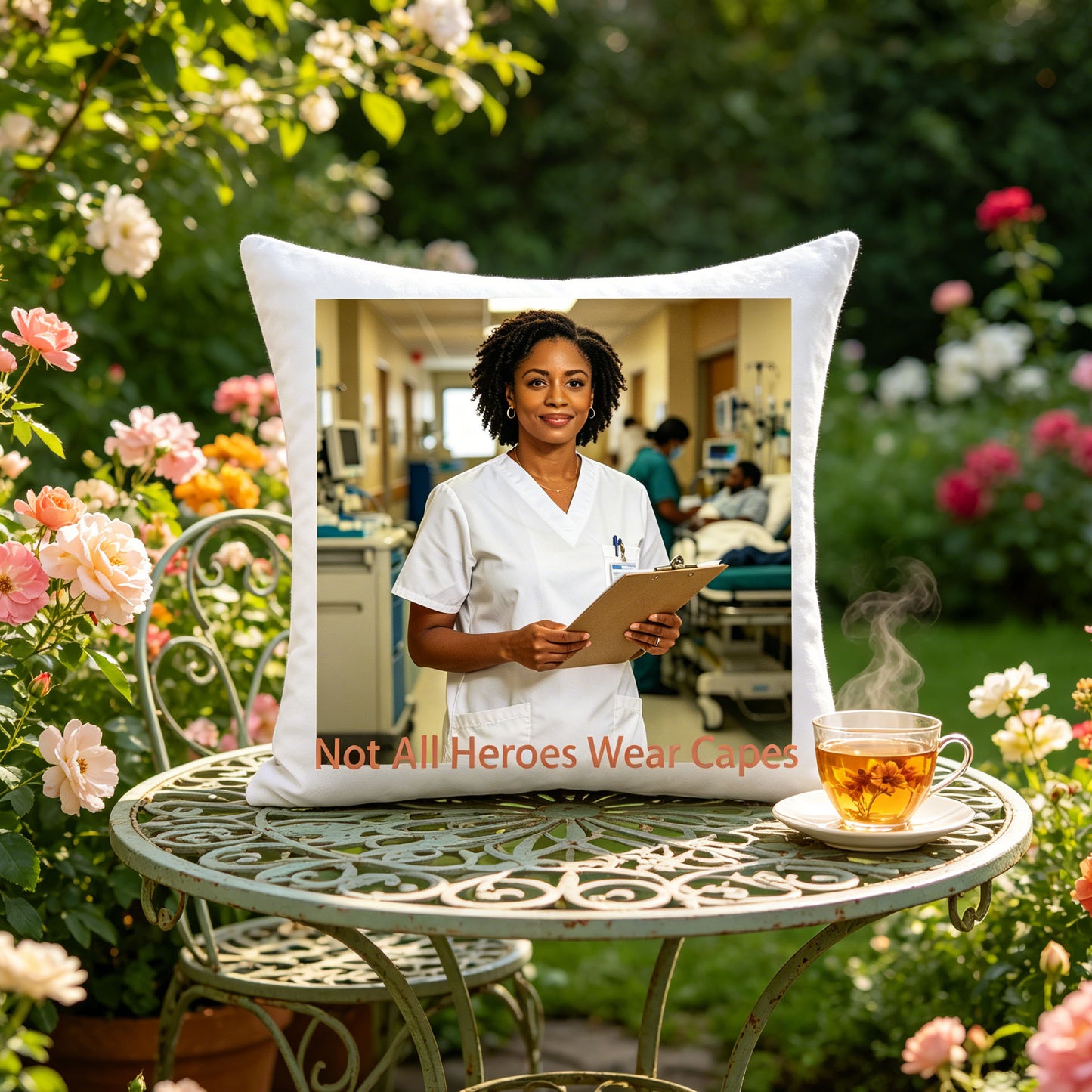 Custom healthcare worker keepsake pillow resting on a vintage metal garden table, surrounded by blooming roses and a steaming cup of tea. A peaceful, relaxing scene showing the pillow as part of a healthcare hero’s well-deserved break.