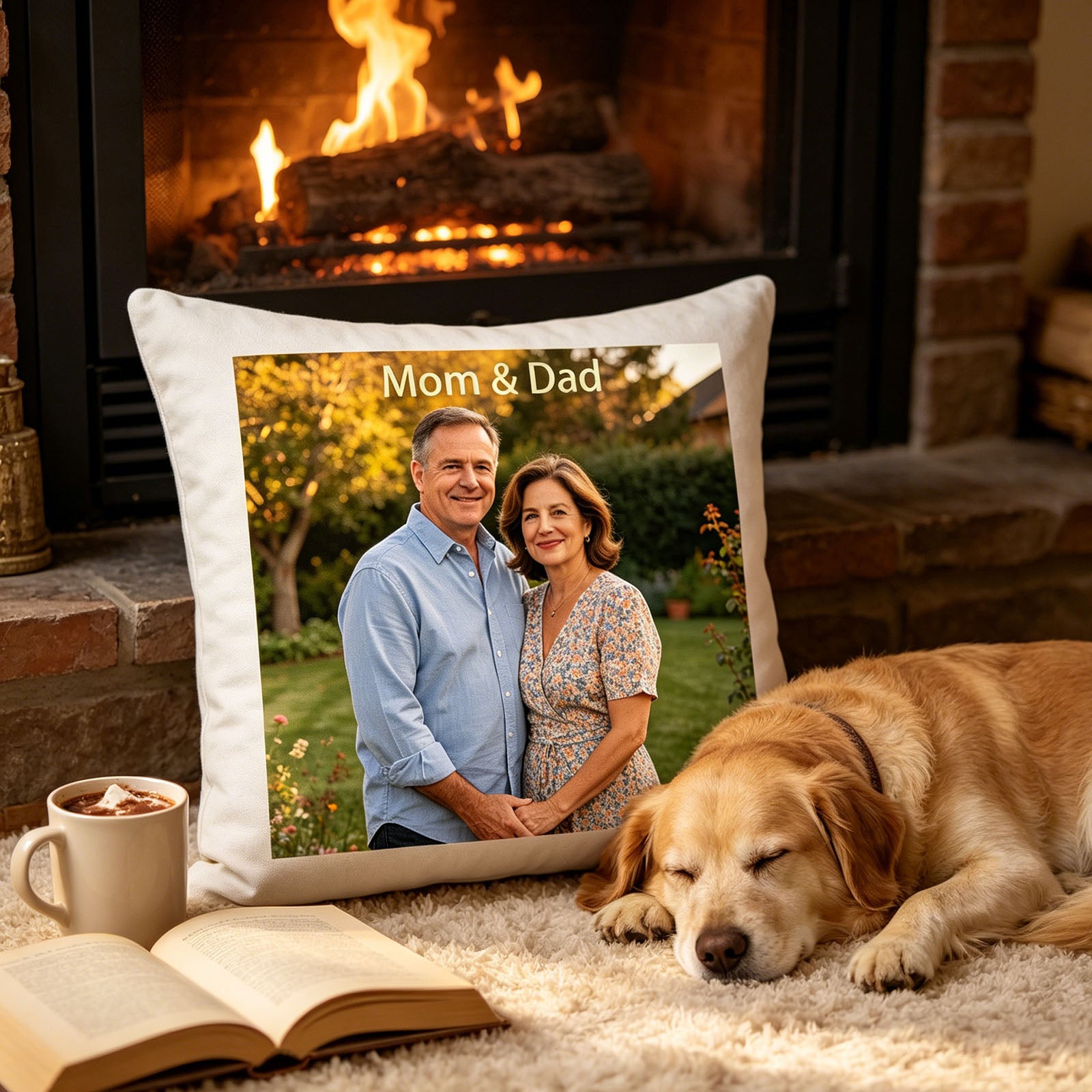Custom Mom & Dad keepsake pillow resting on a cozy rug in front of a lit fireplace, with a sleeping golden retriever and open book nearby. A warm, nostalgic scene showing the pillow as a reminder of family love in a daughter’s home.