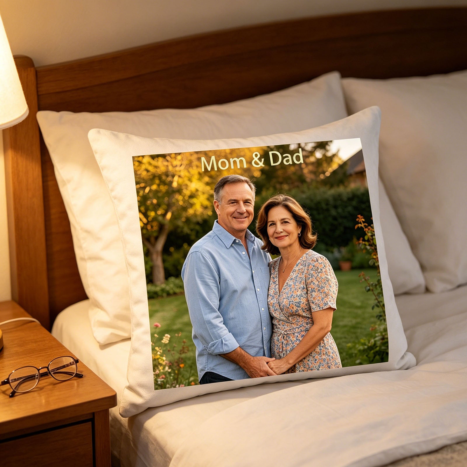 Custom Mom & Dad keepsake pillow resting on a sunlit bedroom bed, next to a nightstand with reading glasses. A tender, comforting scene showing the pillow as a sweet reminder of parents in a daughter’s personal space.