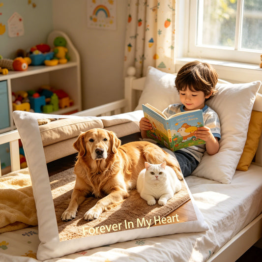 Custom pet keepsake pillow resting on a child’s bed, with a little boy reading a storybook nearby. A tender, warm scene showing the pillow as a comforting reminder of a beloved pet in a child’s room.