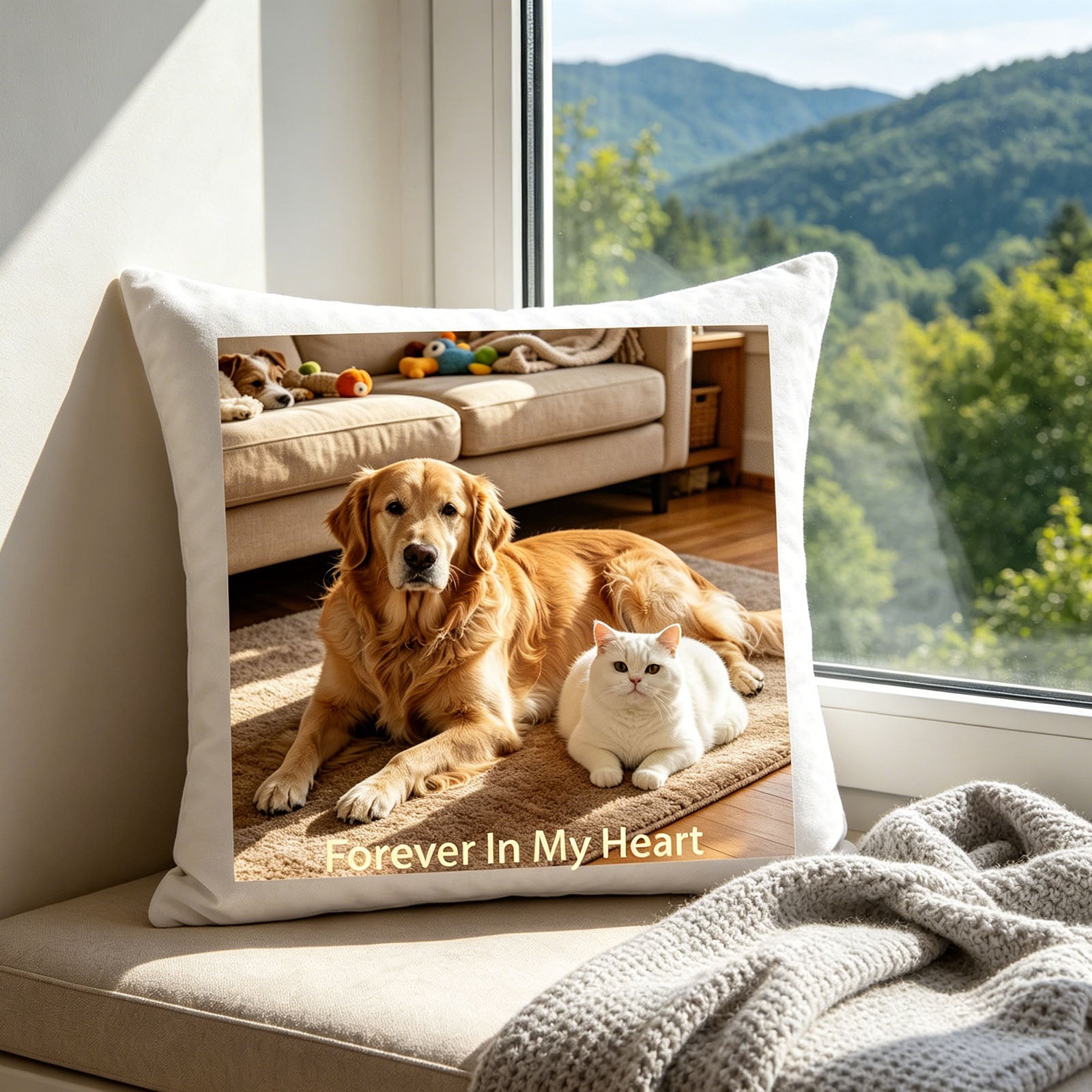 Custom pet keepsake pillow resting on a windowsill overlooking a lush mountain landscape, with a cozy knit blanket nearby. A peaceful, nostalgic touch bringing pet memories to quiet moments with nature views.