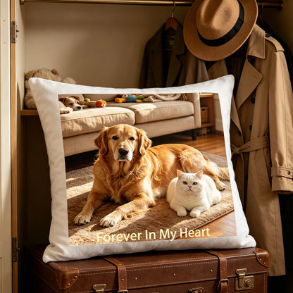 Custom pet keepsake pillow resting on a vintage leather suitcase in a closet, surrounded by a trench coat, hat, and stuffed teddy bear. A stylish, nostalgic touch celebrating pet memories in a curated home setting.