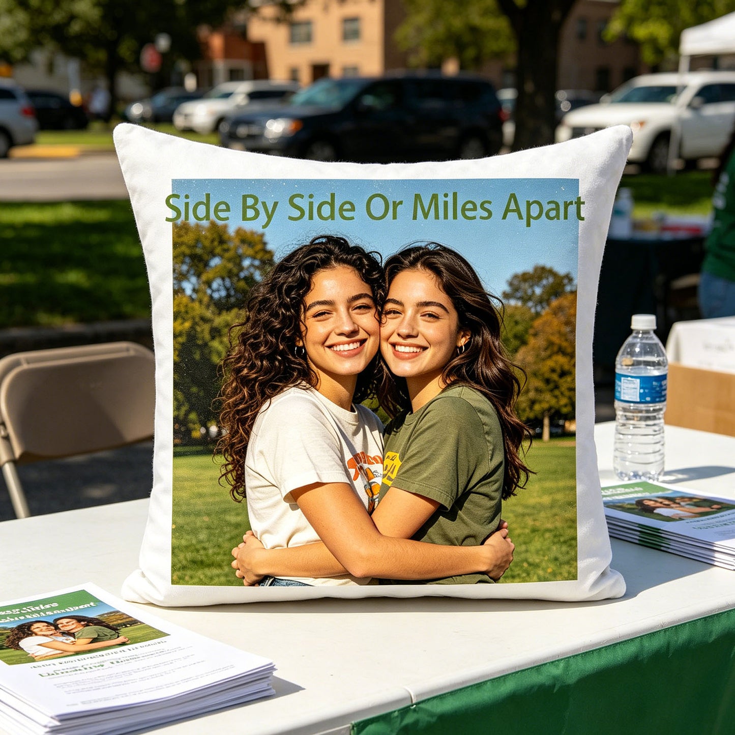 Custom sisters keepsake pillow resting on an outdoor event table, surrounded by flyers and water bottles. A proud, meaningful touch celebrating the bond of sisters in public life and shared activities.