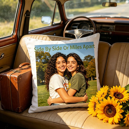 Custom sisters keepsake pillow resting on the backseat of a vintage car, next to sunflowers and a leather suitcase. A nostalgic, adventurous touch celebrating shared road trips and sisterly adventures.