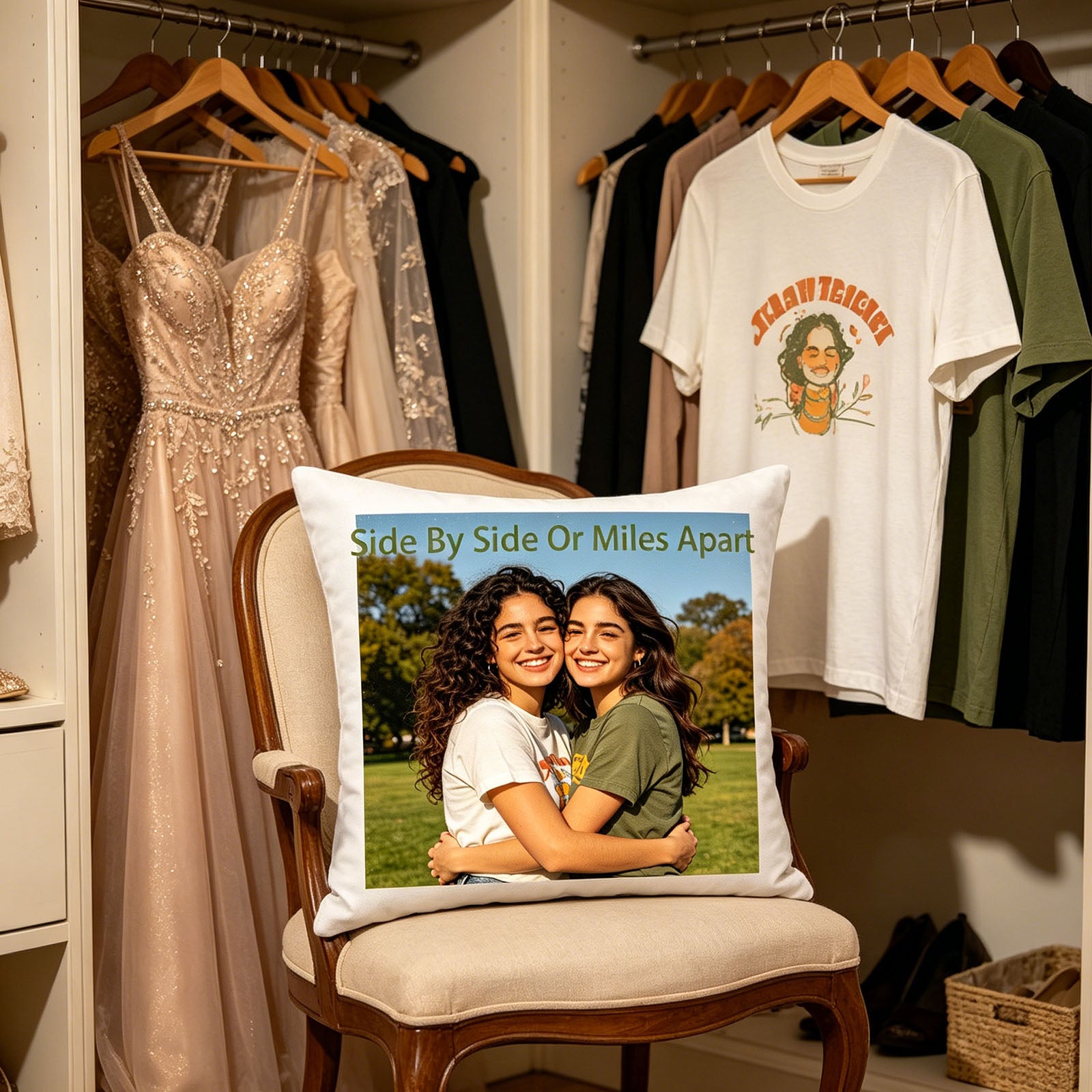 Custom sisters keepsake pillow resting on a chair in a walk-in closet, surrounded by formal dresses and the matching t-shirts worn in the photo. A sentimental scene celebrating shared fashion moments and sisterhood.