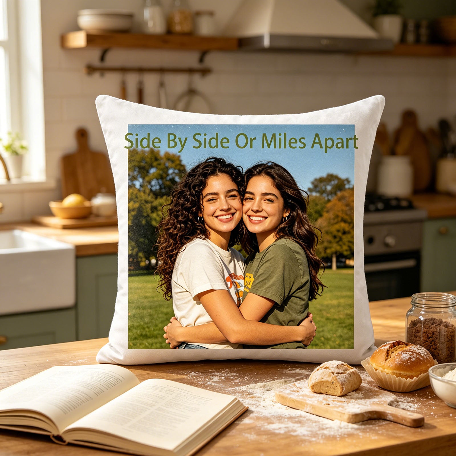 Custom sisters keepsake pillow resting on a sunlit kitchen counter, surrounded by baking ingredients and fresh bread. A cozy, nostalgic scene showing the pillow as a reminder of shared sisterly memories during home baking days.