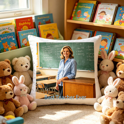 Custom teacher keepsake pillow resting on a playroom floor, surrounded by children’s books and plush toys. A sweet, heartwarming scene showing the pillow as a gift for a teacher who loves kids and teaching.