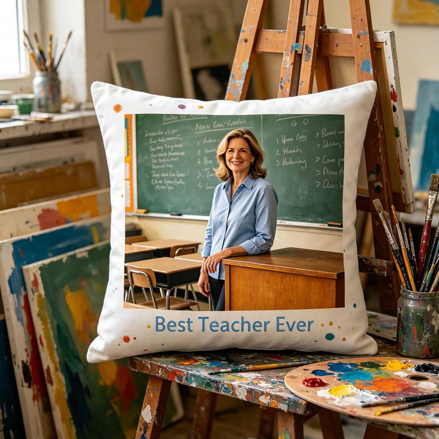 Custom teacher keepsake pillow resting on an artist’s paint-splattered worktable, surrounded by paintbrushes and canvases. A creative, inspiring touch perfect for art teachers or educators who love creativity.