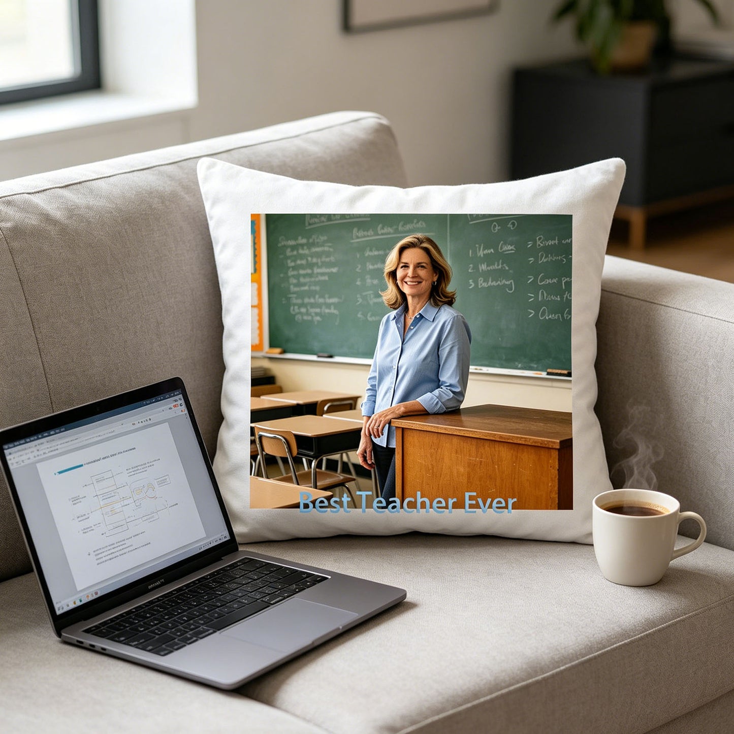 Custom teacher keepsake pillow on a living room sofa, next to a laptop and coffee mug. A casual scene showing the pillow as part of a teacher’s everyday life, perfect for remote work or lesson planning at home.