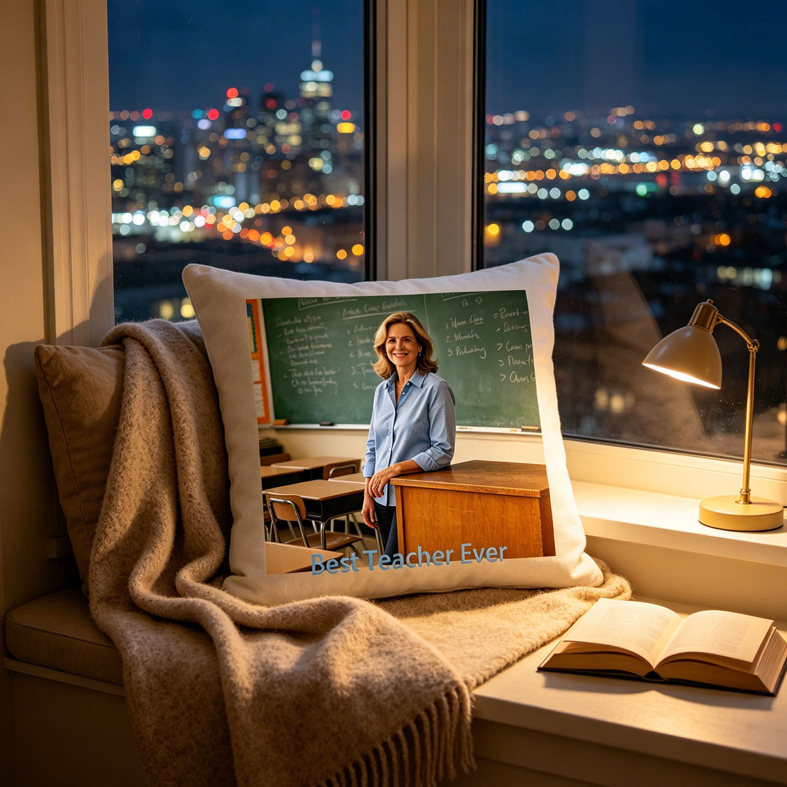 Custom teacher keepsake pillow resting on a windowsill overlooking a glowing city skyline at dusk, next to a reading lamp and open book. A peaceful, inspiring addition to evenings at home, celebrating the teacher’s impact.