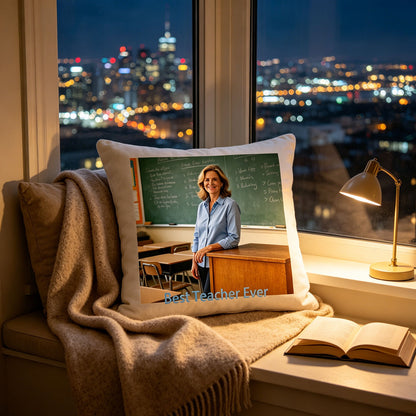 Custom teacher keepsake pillow resting on a windowsill overlooking a glowing city skyline at dusk, next to a reading lamp and open book. A peaceful, inspiring addition to evenings at home, celebrating the teacher’s impact.