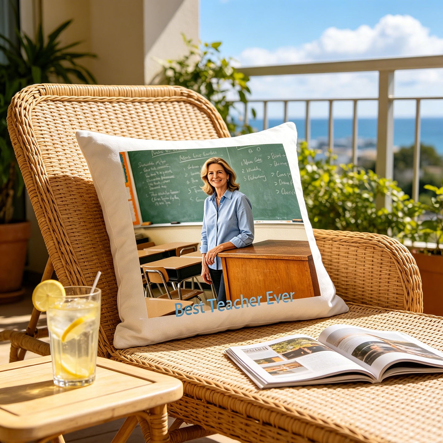 Custom teacher keepsake pillow resting on a wicker patio chair with a sea view, paired with lemonade and a magazine. A relaxing summer scene showing the pillow as part of a teacher’s well-deserved vacation time.