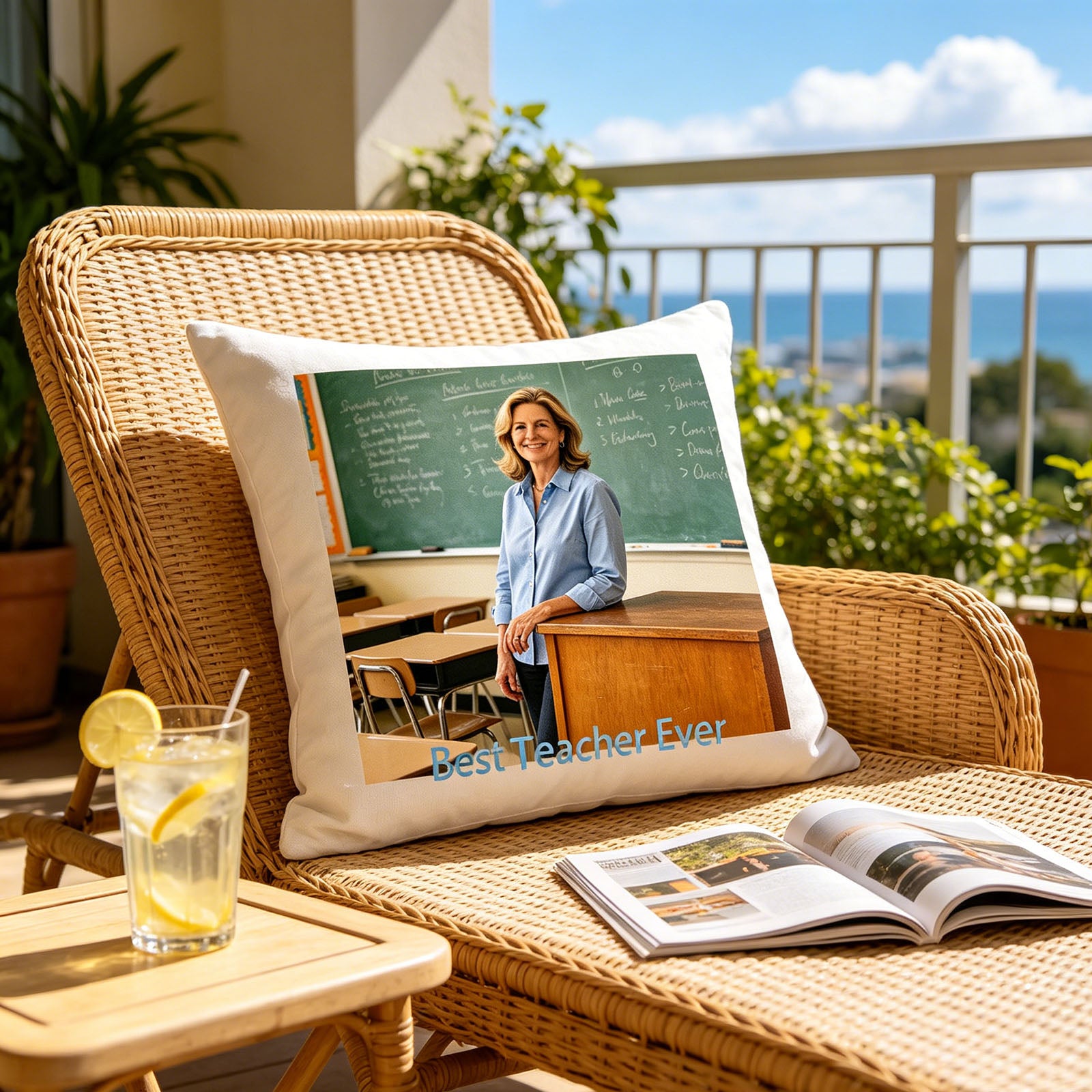 Custom teacher keepsake pillow resting on a wicker patio chair with a sea view, paired with lemonade and a magazine. A relaxing summer scene showing the pillow as part of a teacher’s well-deserved vacation time.