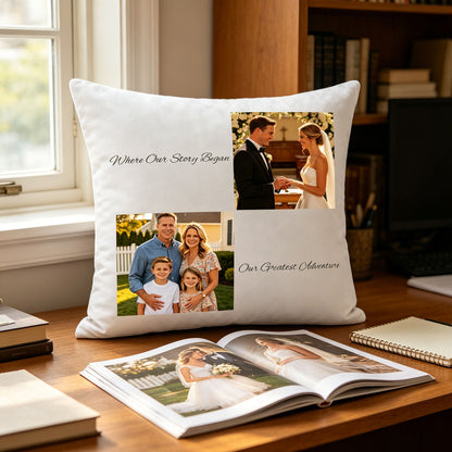 Custom wedding and family keepsake pillow resting on a wooden home office desk, with an open wedding photo album and notebook nearby. A practical, sentimental touch bringing love and family inspiration to daily work life.