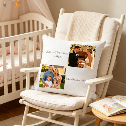 Custom wedding and family keepsake pillow resting on a wooden nursery rocking chair, with a children’s book on the side table and crib in the background. A tender, hopeful scene showing the pillow as a symbol of love growing into family life.
