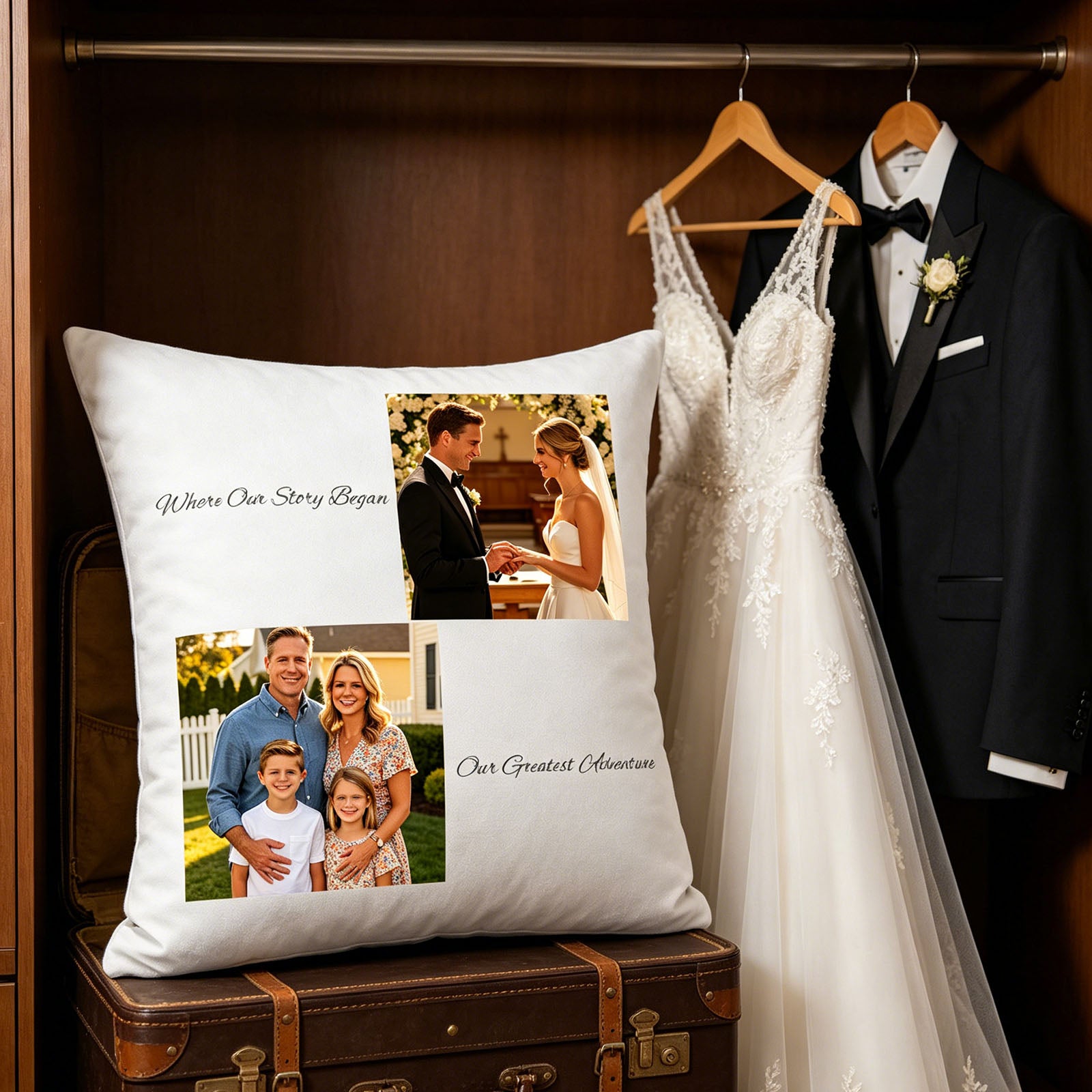 Custom wedding and family keepsake pillow placed on a vintage suitcase in a wooden closet, with the bride’s dress and groom’s tuxedo hanging in the background. A romantic, nostalgic scene honoring the beginning of the couple’s love story and their family journey.
