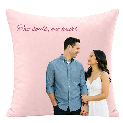 Custom wedding photo pillow with "Our forever begins here" text, personalized newlywed keepsake pillow, romantic couple portrait throw pillow, premium custom wedding decor for home