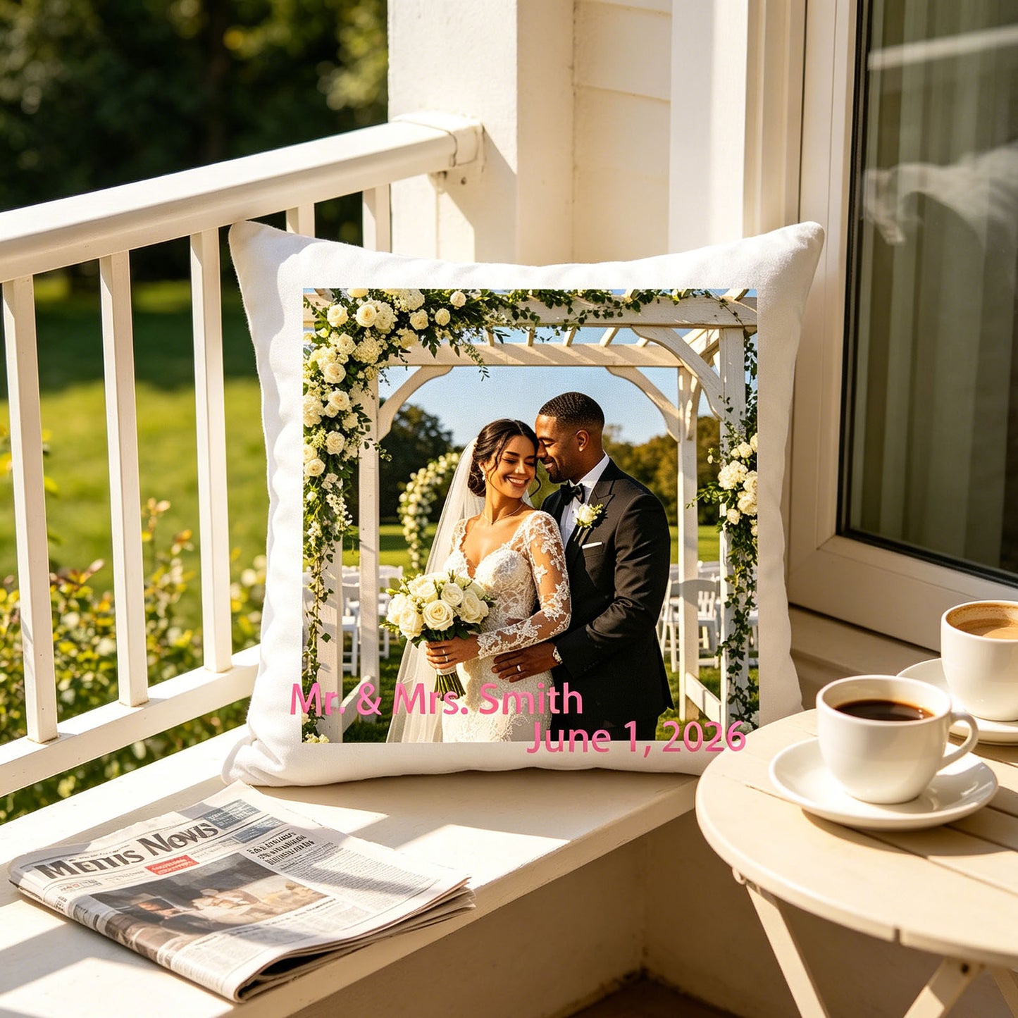 Custom wedding photo pillow resting on a sunlit balcony ledge, with coffee cups and a newspaper nearby. A cozy morning reminder of the couple’s special day, ideal for newlywed home decor.