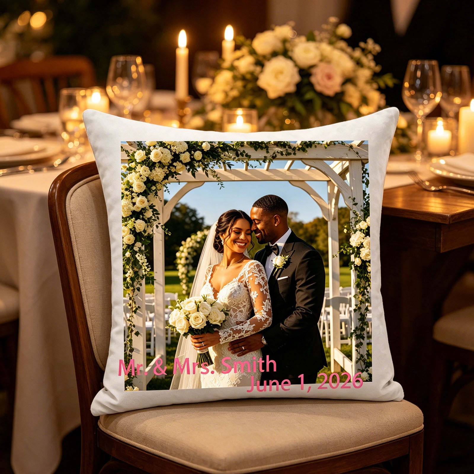 Custom wedding photo pillow resting on a chair at a romantic wedding reception table, surrounded by candles and flowers. A charming touch for wedding decor or anniversary celebrations.