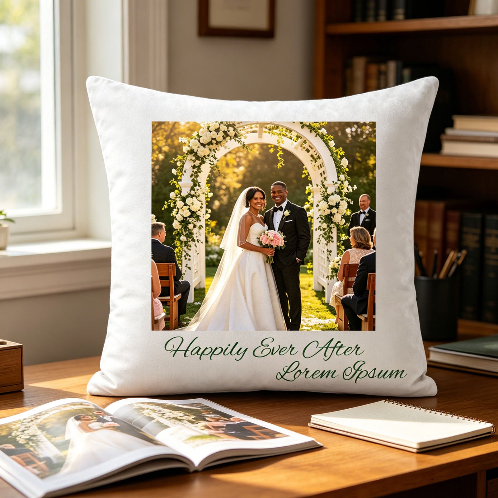 Custom wedding keepsake pillow resting on a wooden home office desk, with an open wedding photo album and notebook nearby. A practical, sentimental touch bringing love and inspiration to daily work life.