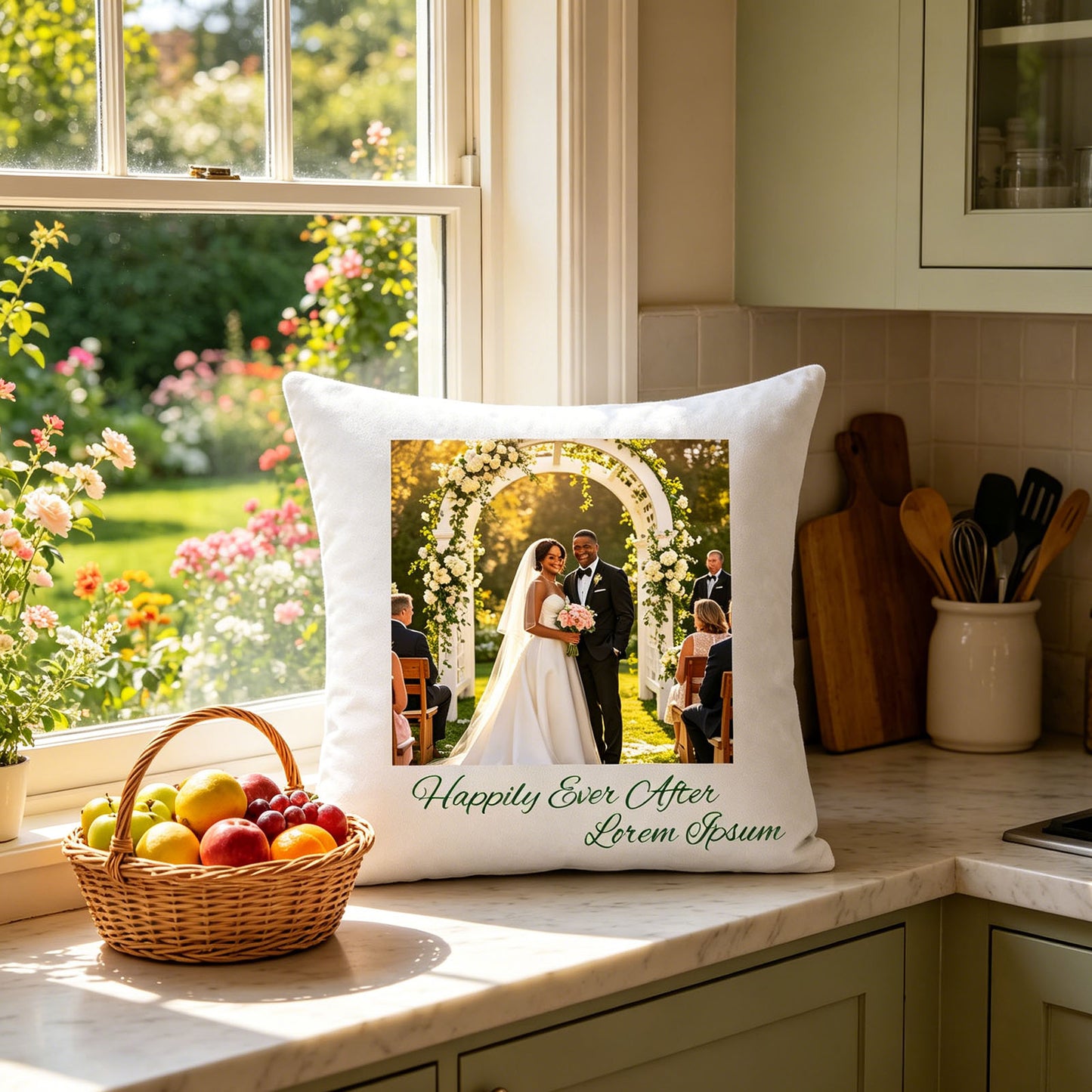 Custom wedding keepsake pillow resting on a sunlit kitchen counter, next to a wicker basket of fresh fruit with a blooming garden visible through the window. A warm, homey scene showing the pillow as a reminder of love and new beginnings in the heart of the home.